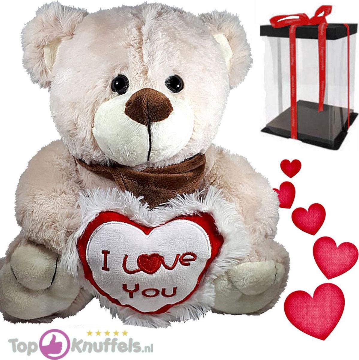 Teddybeer Beige Pluche Knuffel met I Love You Hart (Wit/Rood) 30 cm + Giftbox met strik | Valentijn Cadeau Decoratie | Valentijnsdag liefde kado beer liefde | Valentijn cadeautje vrouw man |